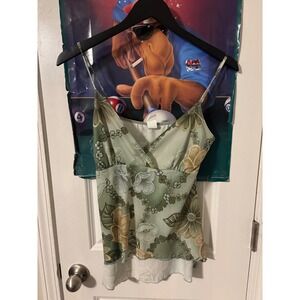Teenie Weenie Green Floral Glitter Camisole Top Y2K Fairycore Surplice V-Neck M